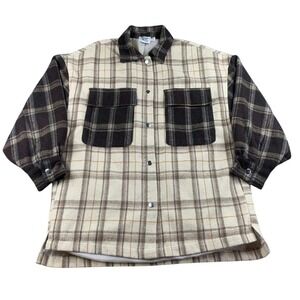 Princess Polly Flannel Shirt Women S/M Cream Brown Plaid Pockets Snap Button
